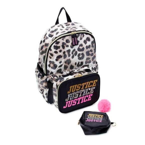 JUSTICE Girls 17" Laptop Backpack Set with Lunch Tote and Pouch Leopard 4 Piece - Picture 1 of 4